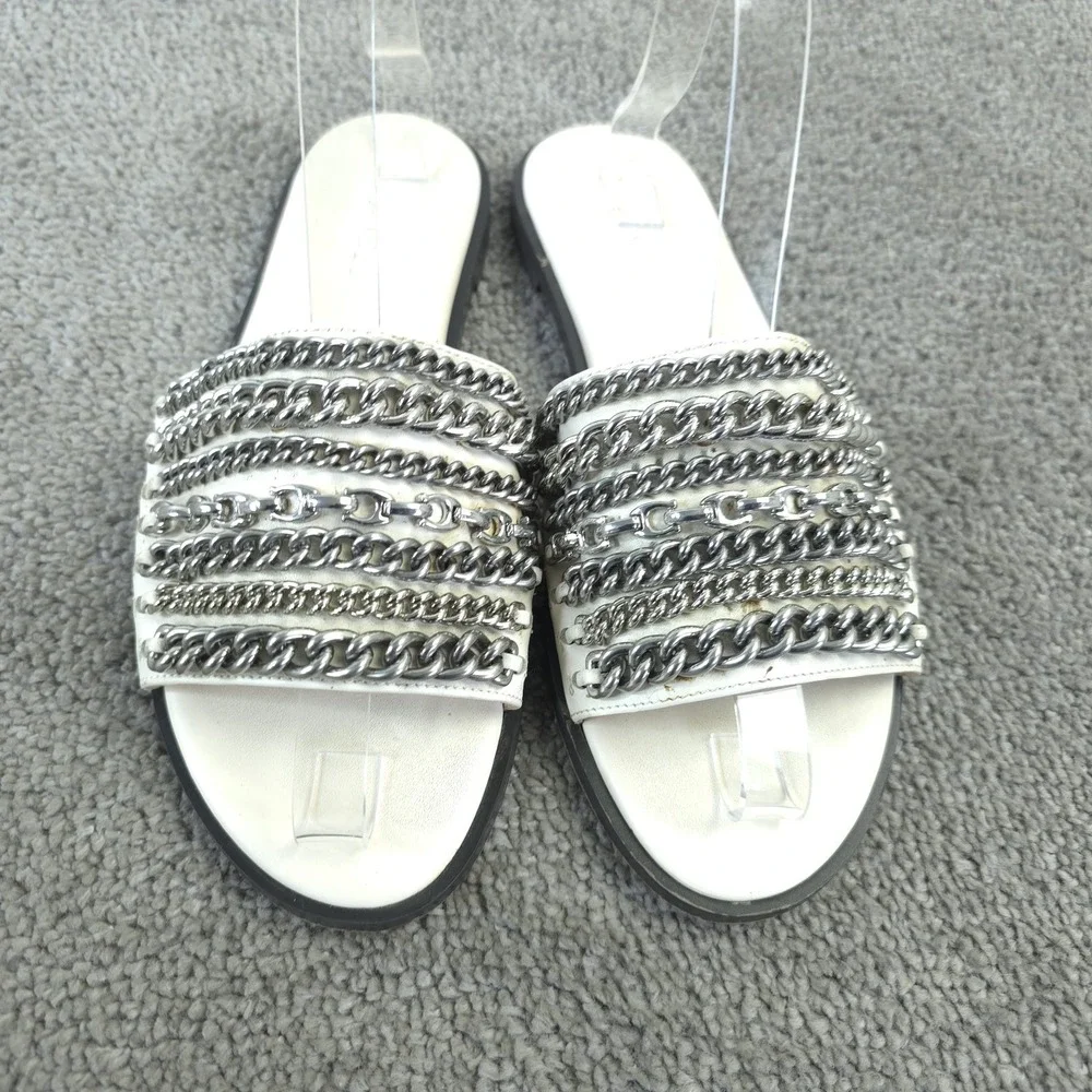 Coach Hayden Flat Sandal Womens Size 8 Beige Leather Silver Chain Slide G3978